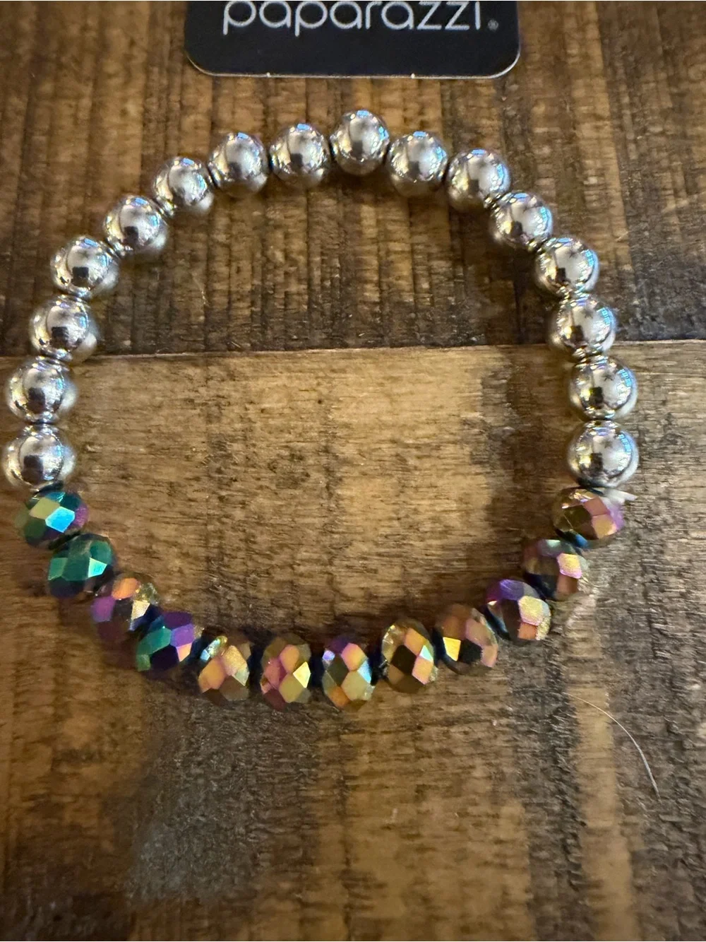 Paparazzi Silver & Iridescent Faceted Bead Stretch Bracelet